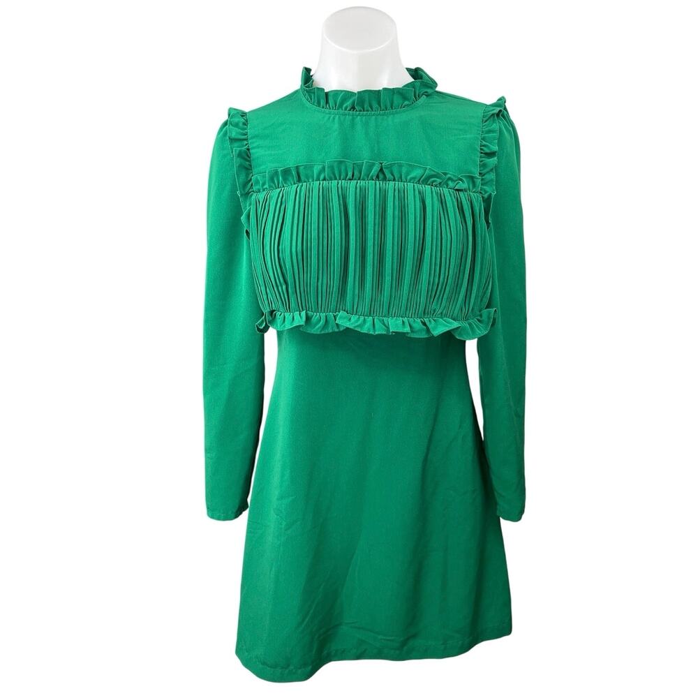 Maje Green Jacqueline Long Sleeve Ruffle Mock Neck Pleated A Line Mini Dress 2